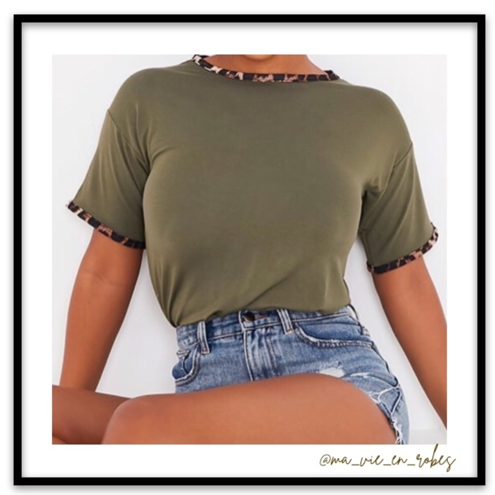 Sexy Leopard-Trim Khaki Tee 🐆
